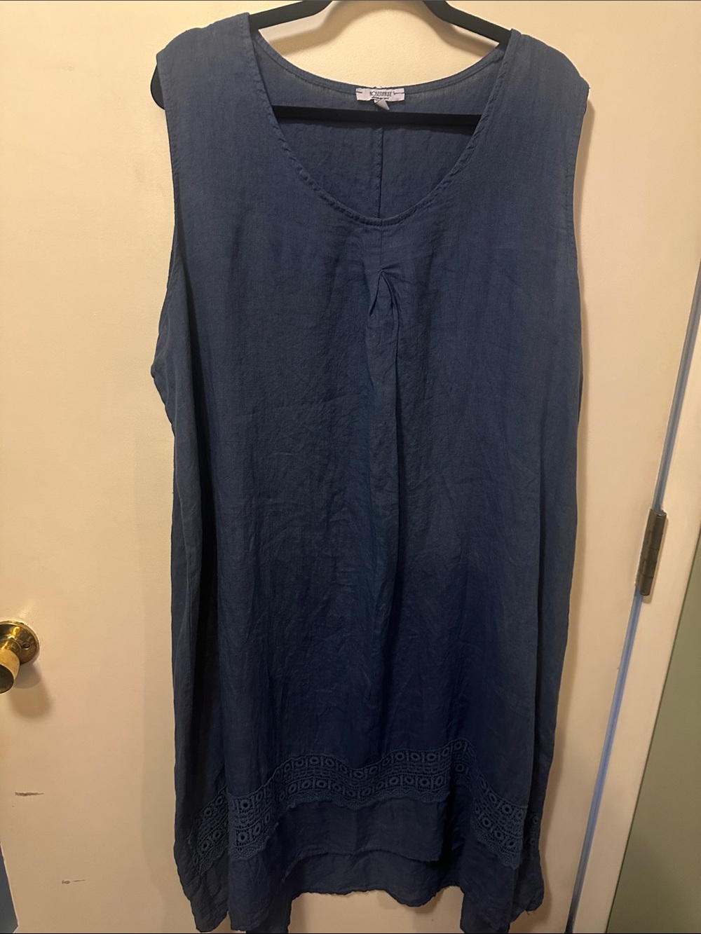 Rosemarie Made In Italy 2X Dusty Blue Linen Sleeveless Tunic Dress Crochet Trim